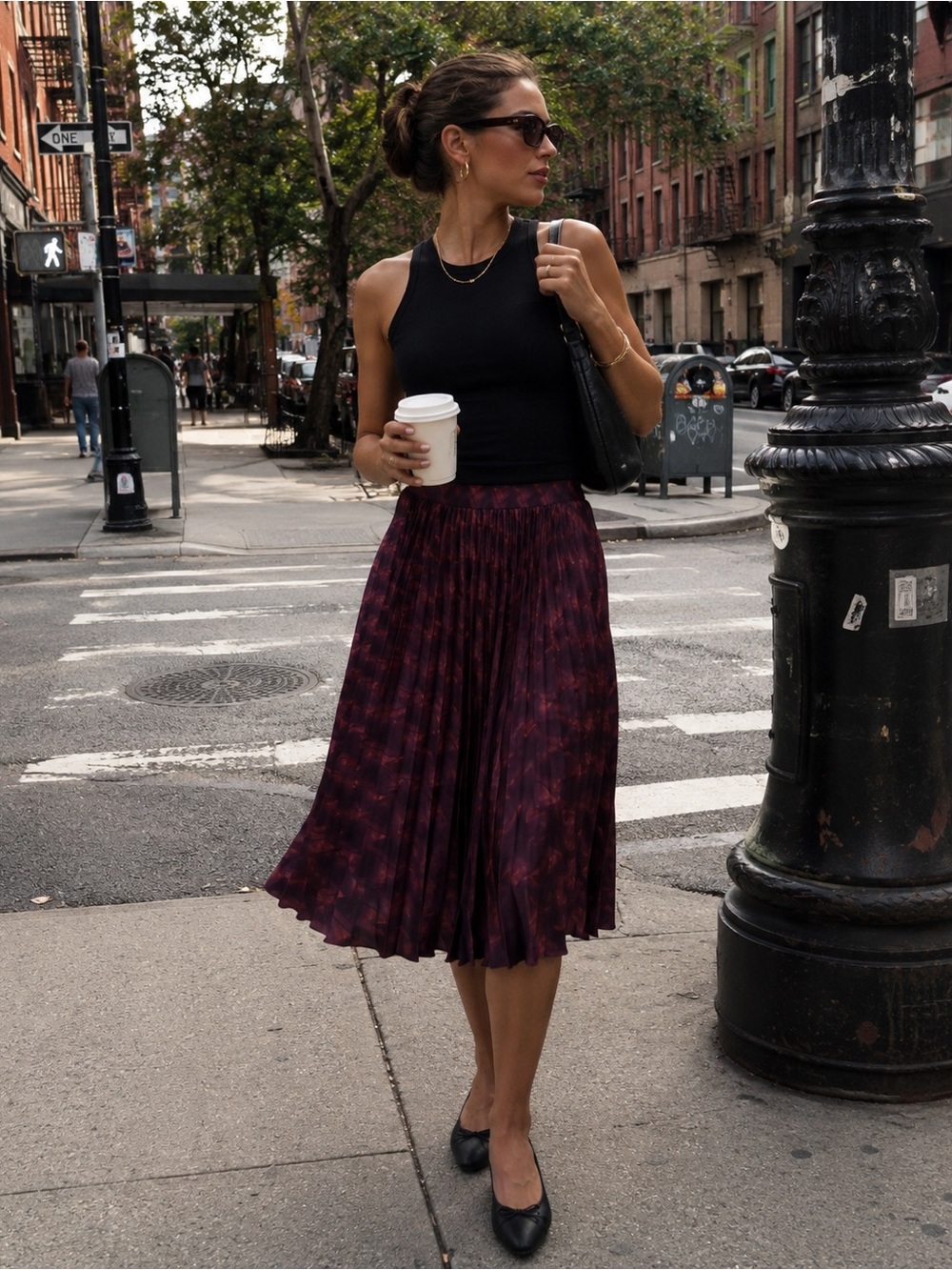 TUCKER Silk Pleated Midi Skirt in Burgundy and Plum size L